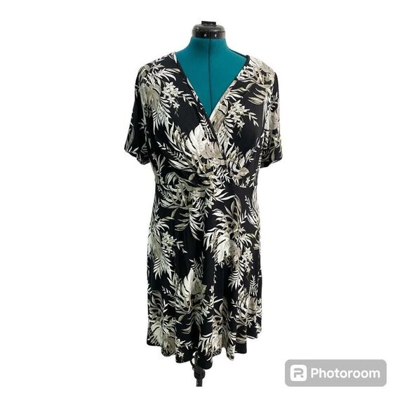 41 Hawthorn Black & Cream Leaf Print Dress 2X Plus Size Surplice Bodice Career - Picture 1 of 6